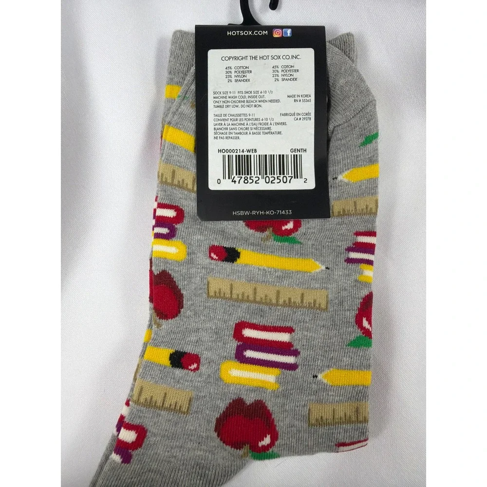 Hot Sox Back to School Novelty Crew Socks Womens 9-11 Gray Apple Pencil Teacher